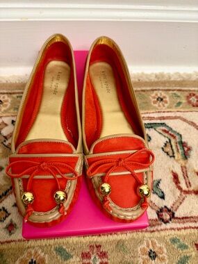kate spade Orange Red Bow Moccasin Loafers with Gold Accents